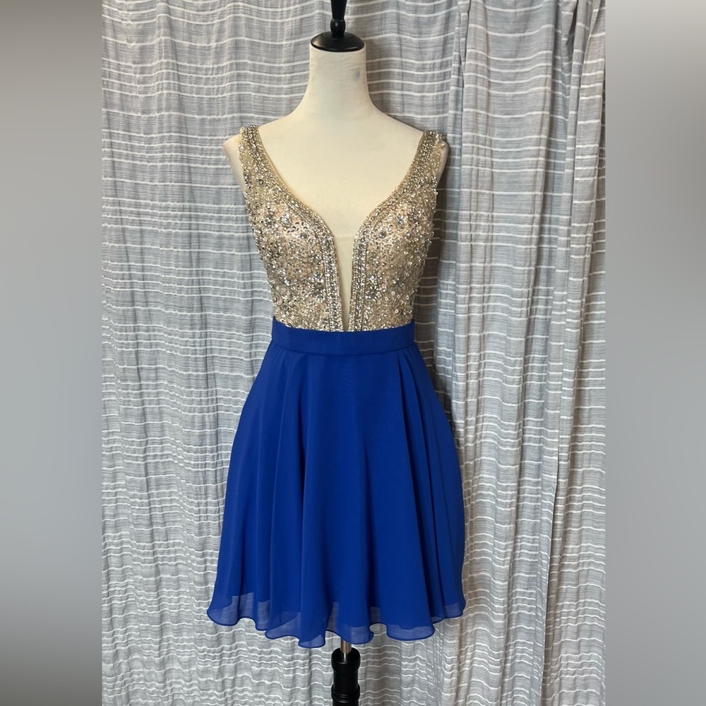 Jovani Royal Blue Dress with Gold Sequin Bodice